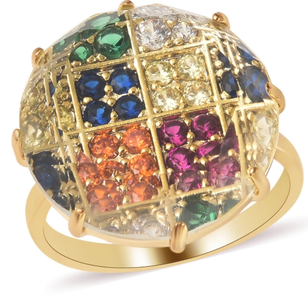 Simulated topaz and colored diamonds ring in gold tone
